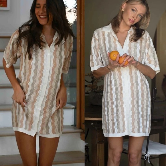 YLLW Yellow The Label Felix Scalloped Knit Shirt Dress In Neutral Size S/M - Picture 3 of 9